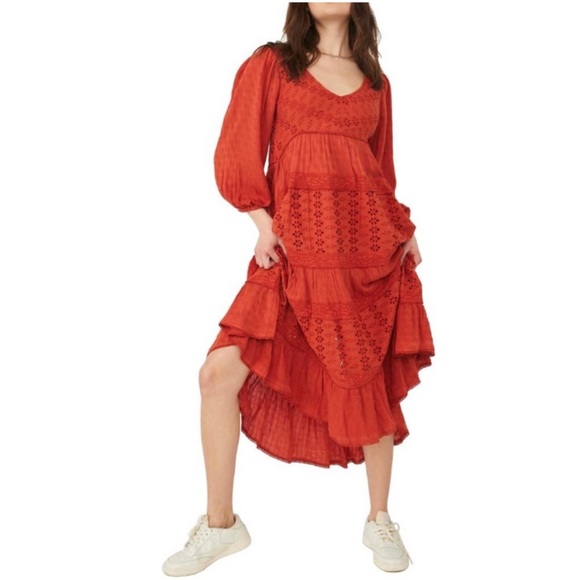 FREE PEOPLE MOCKINGBIRD EYELET TIERED MAXI DRESS SMALL - Picture 4 of 4